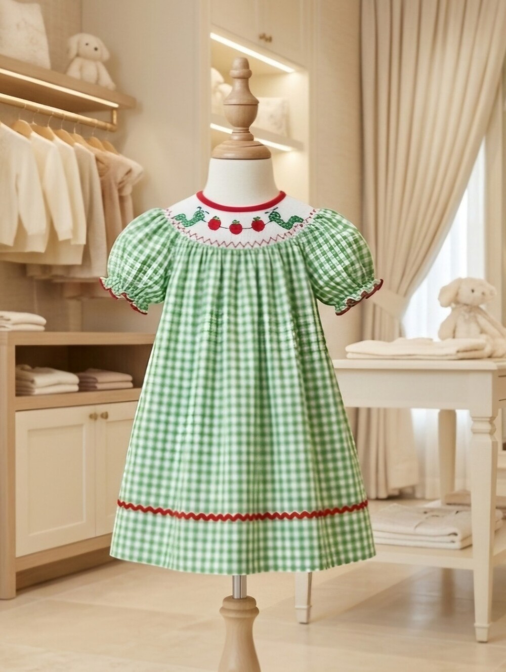 Rylee Faith Designs Smocked Bookworm Bishop Dress Green Gingham Girls Sz 6Y